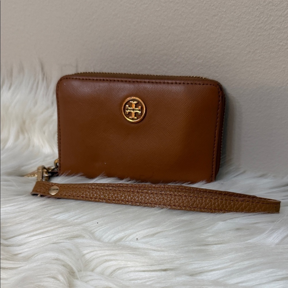 Tory Burch Tan Leather Zip Wristlet Wallet with Strap